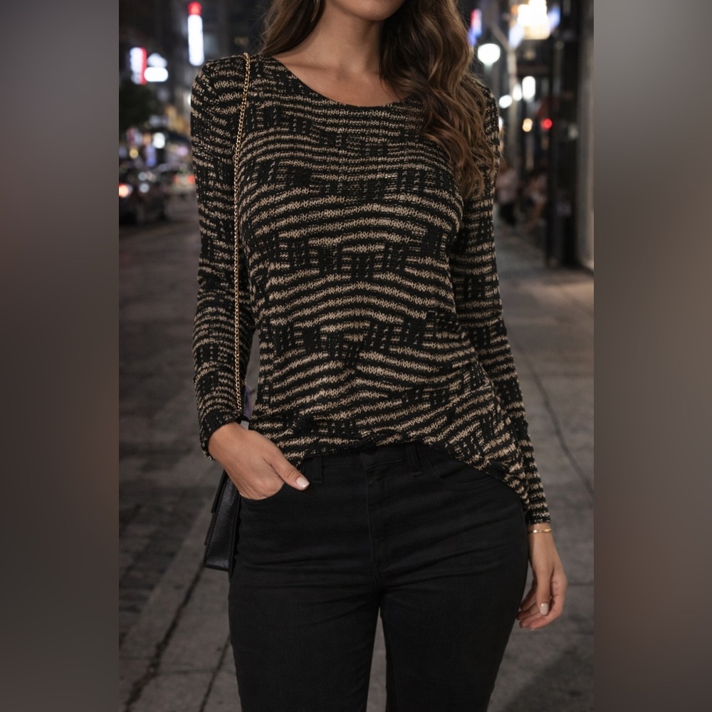 Juli Black Metallic Knit Long Sleeve Top Size L Shimmer Dressy Evening Blouse
